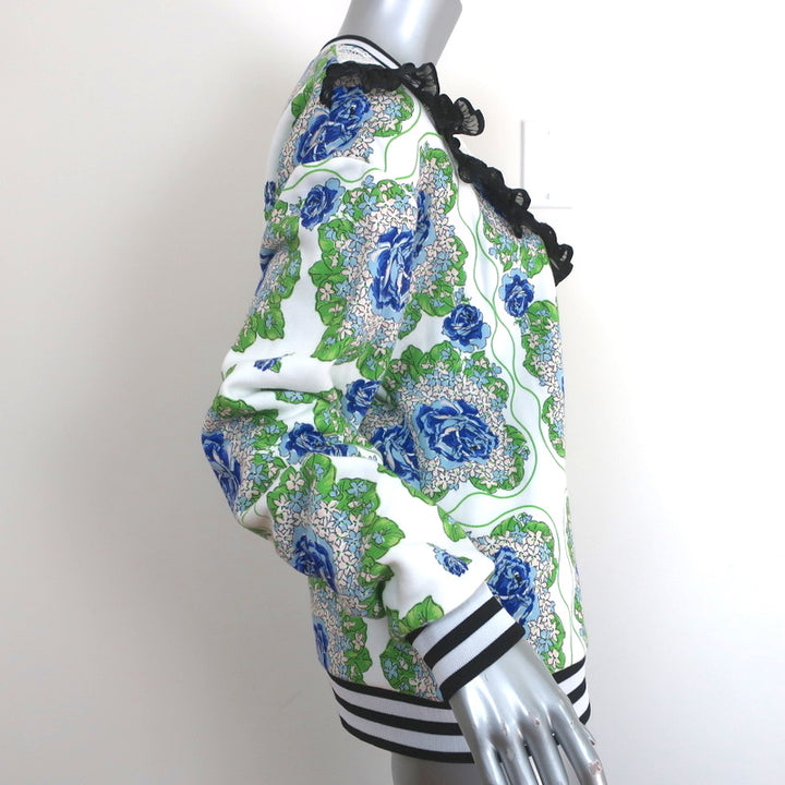 Rodarte Ruffled Lace Yoke Sweatshirt White/Blue Floral Print Size Extra Small