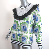 Rodarte Ruffled Lace Yoke Sweatshirt White/Blue Floral Print Size Extra Small