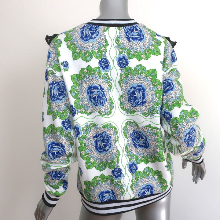 Rodarte Ruffled Lace Yoke Sweatshirt White/Blue Floral Print Size Extra Small