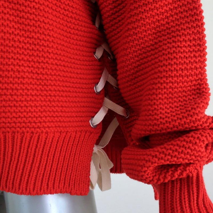 360 Sweater Emilia Red Cotton Knit Size Medium Lace-Up Side Pullover NEW - Celebrity Owned