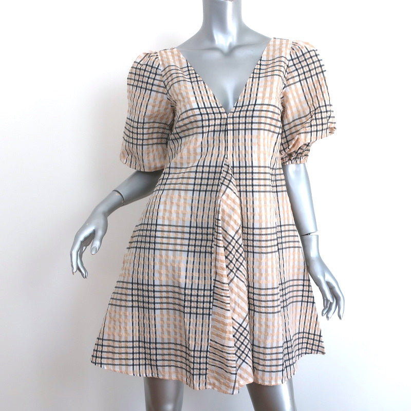 GANNI Puff Sleeve Mini Dress Beige Seersucker Check Size 32 Celebrity Owned GANNI Puff Sleeve Mini Dress Beige Seersucker Check Size 32 Celebrity Owned