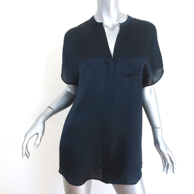 Vince Satin Popover Blouse Navy Silk Size Small Short Sleeve Tunic Top NEW