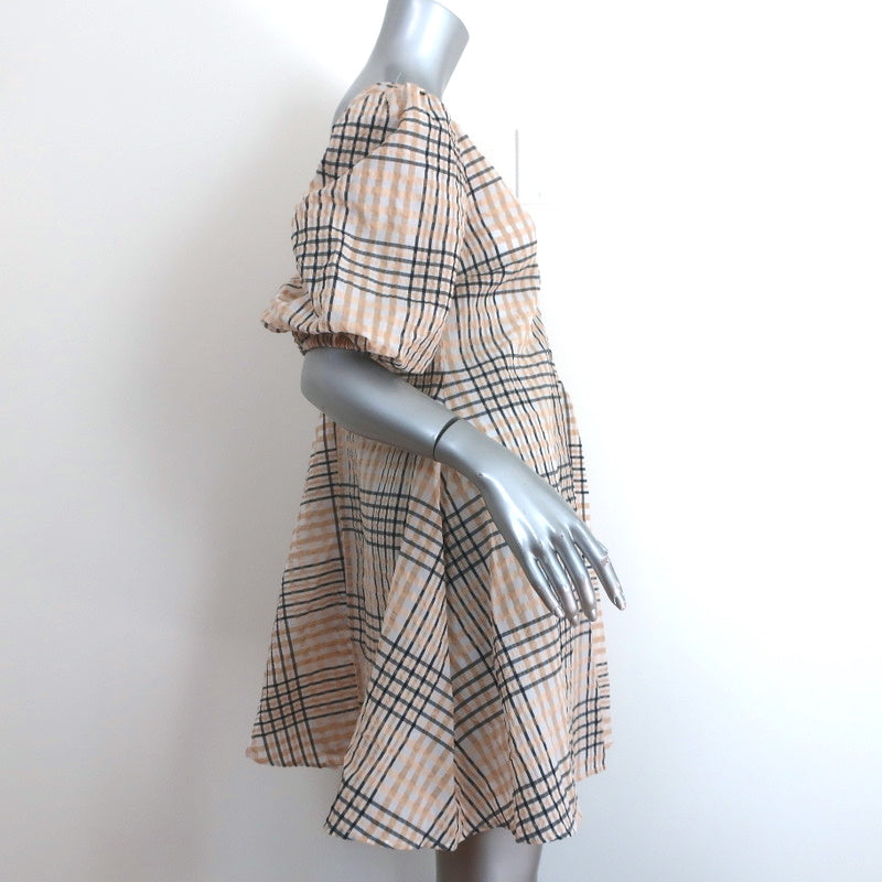 GANNI Puff Sleeve Mini Dress Beige Seersucker Check Size 32 Celebrity Owned GANNI Puff Sleeve Mini Dress Beige Seersucker Check Size 32 Celebrity Owned