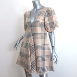 GANNI Puff Sleeve Mini Dress Beige Seersucker Check Size 32