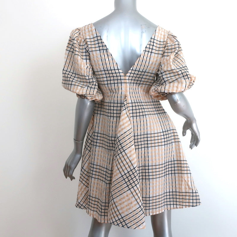 GANNI Puff Sleeve Mini Dress Beige Seersucker Check Size 32