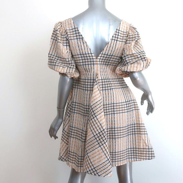 GANNI Puff Sleeve Mini Dress Beige Seersucker Check Size 32