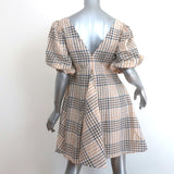 GANNI Puff Sleeve Mini Dress Beige Seersucker Check Size 32
