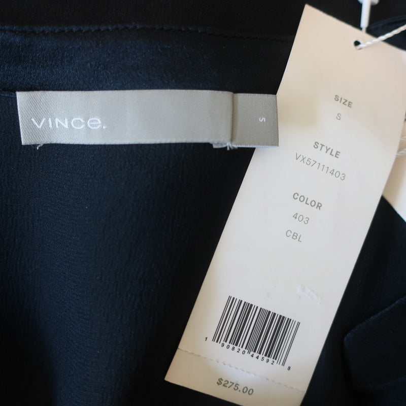Vince Satin Popover Blouse Navy Silk Size Small Short Sleeve Tunic Top NEW