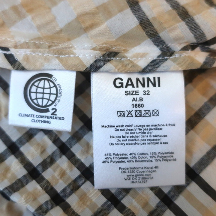 GANNI Puff Sleeve Mini Dress Beige Seersucker Check Size 32