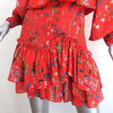 Alexis Mini Dress Rianna Red Floral Print Smocked Satin Size Extra Small