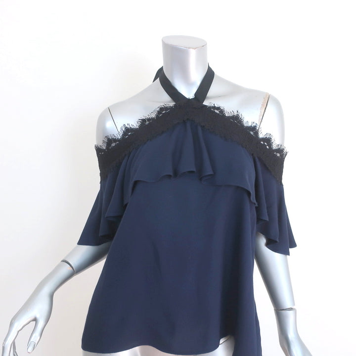 Alice + Olivia Off the Shoulder Halter Top Alyssa Navy Lace-Trim Size Medium