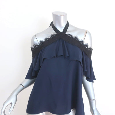 Alice + Olivia Off the Shoulder Halter Top Alyssa Navy Lace-Trim Size Medium