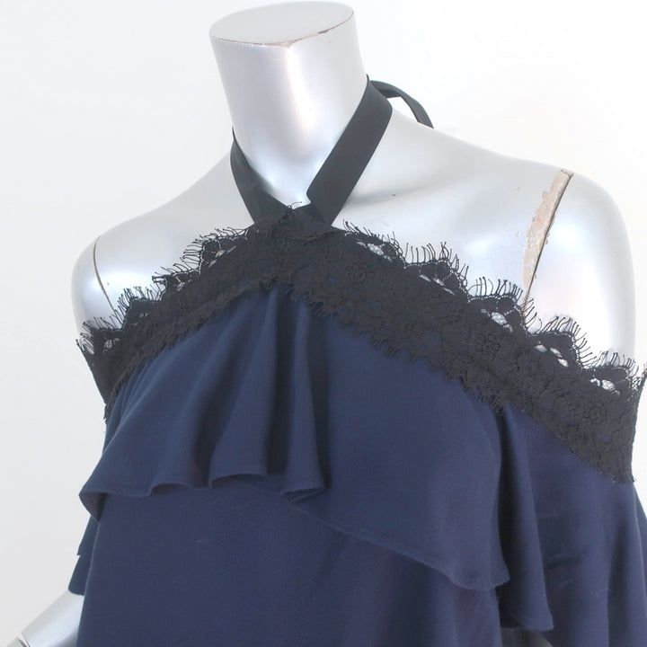 Alice + Olivia Off the Shoulder Halter Top Alyssa Navy Lace-Trim Size Medium