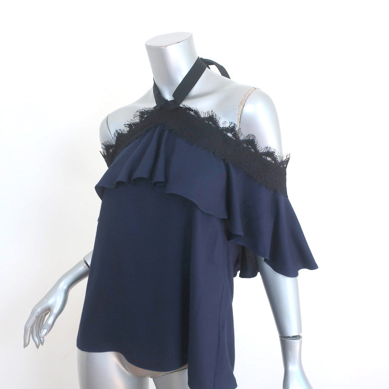 Alice + Olivia Off the Shoulder Halter Top Alyssa Navy Lace-Trim Size Medium