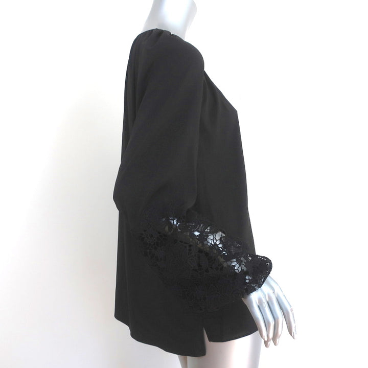 T Tahari Lace Cuff Peasant Blouse Black Size Large Long Sleeve Tie-Neck Top NEW