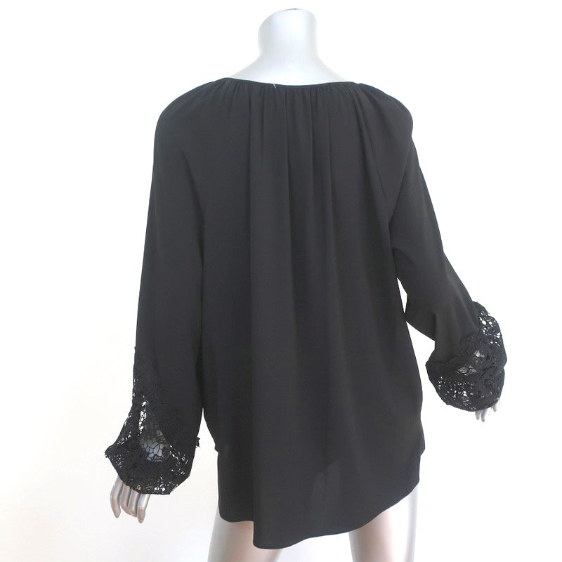 T Tahari Lace Cuff Peasant Blouse Black Size Large Long Sleeve Tie-Neck Top NEW