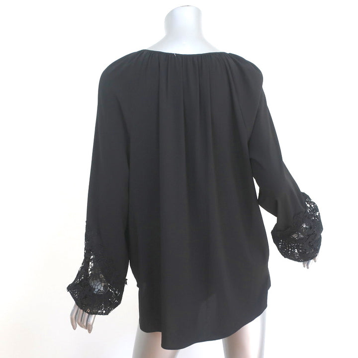 T Tahari Lace Cuff Peasant Blouse Black Size Large Long Sleeve Tie-Neck Top NEW
