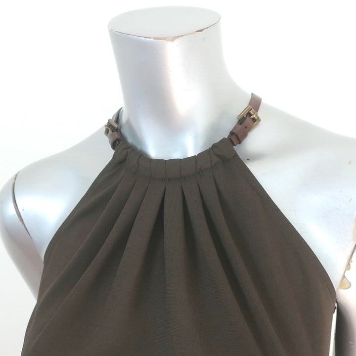 Michael Kors Collection Leather Strap Halter Top Dark Brown Jersey Size 4 NEW