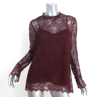 Theory Scalloped Lace Top Currant Size Medium Long Sleeve Blouse NEW