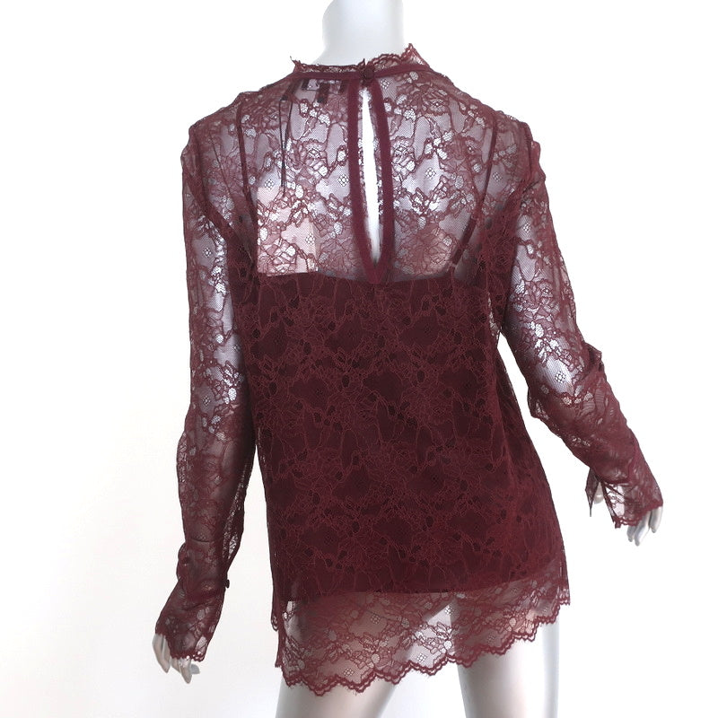Theory Scalloped Lace Top Currant Size Medium Long Sleeve Blouse NEW