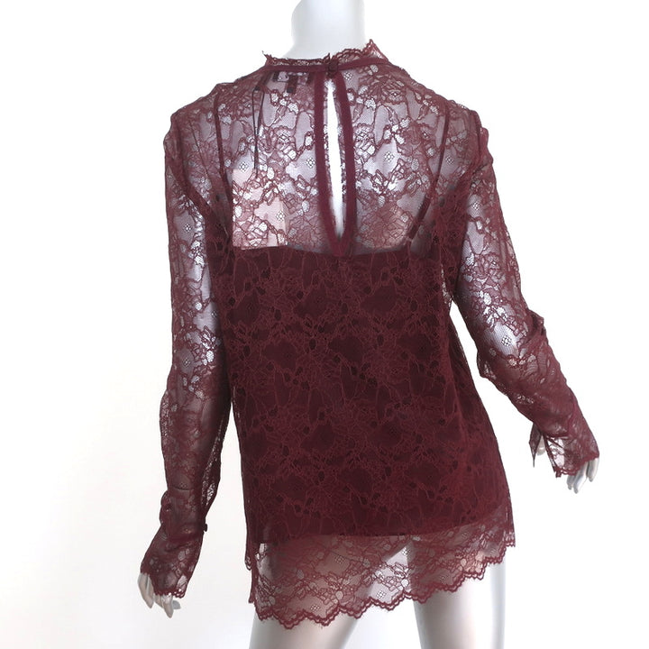 Theory Scalloped Lace Top Currant Size Medium Long Sleeve Blouse NEW