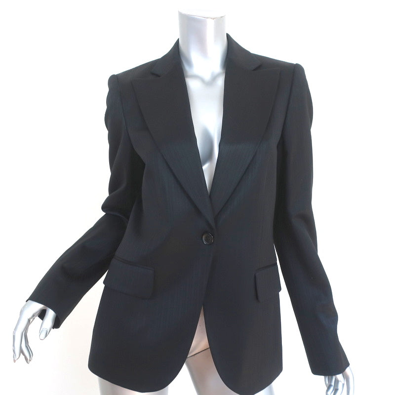 Dee Gelb Gucci Blazer Black Tonal Striped Wool Satin Size 44 One-Button Suit Jacket