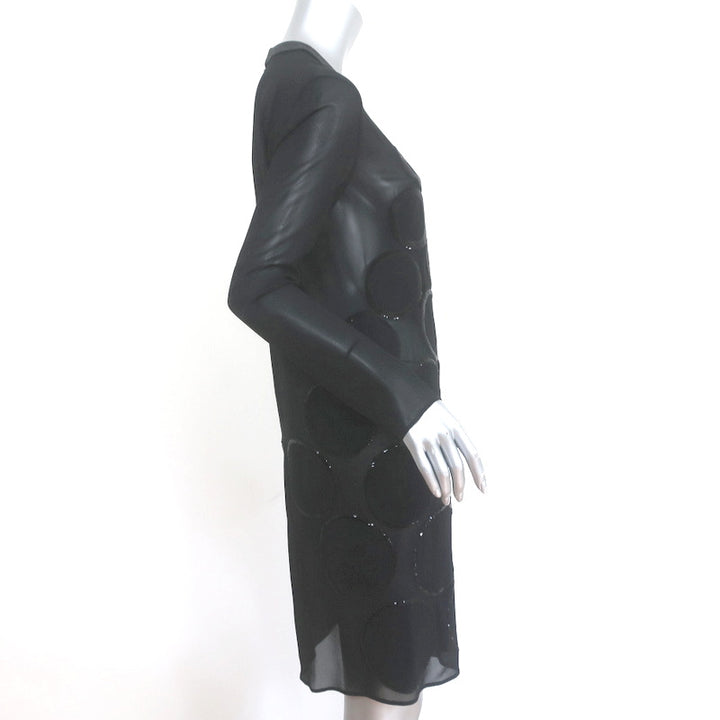 La Perla Circle Sequin Dress Black Silk Chiffon Size US 4 Long Sleeve Shift NEW