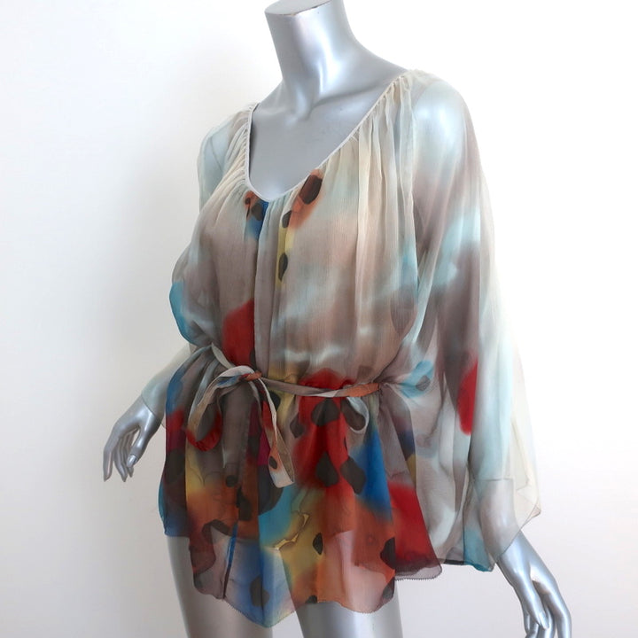 Catherine Malandrino Tie Waist Blouse Printed Chiffon Size 4 Batwing Top