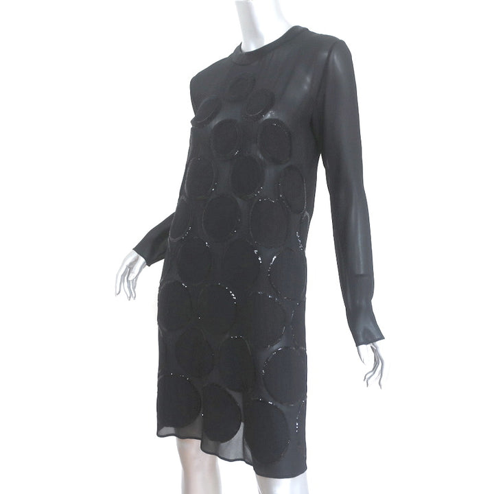 La Perla Circle Sequin Dress Black Silk Chiffon Size US 4 Long Sleeve Shift NEW