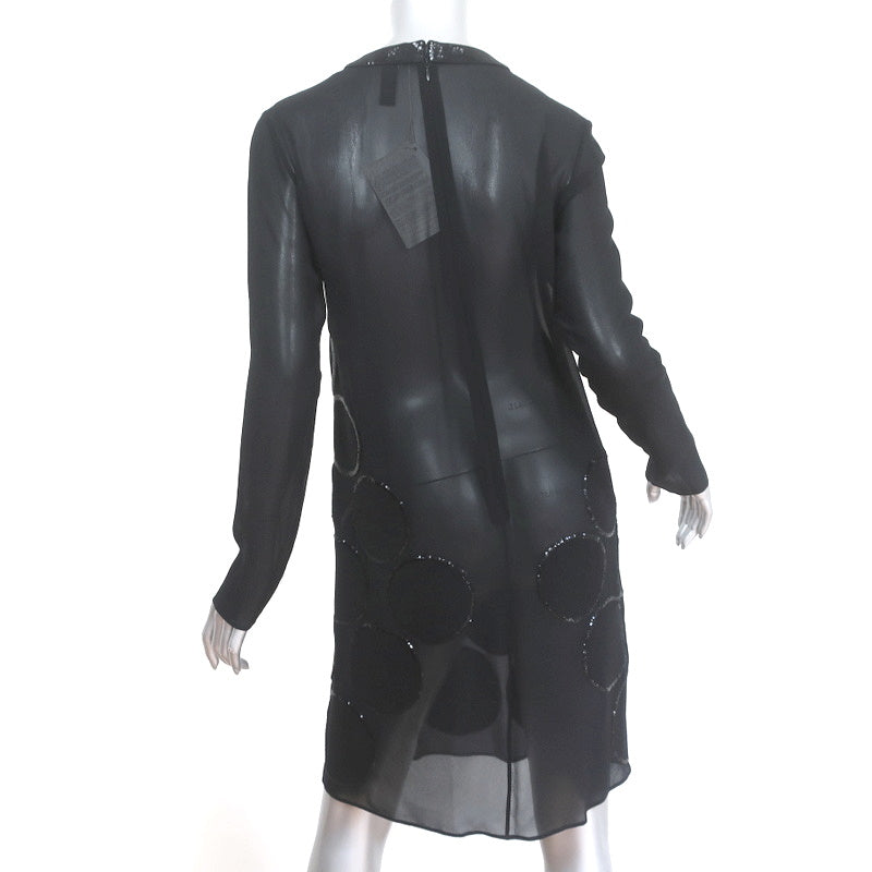 La Perla Circle Sequin Dress Black Silk Chiffon Size US 4 Long Sleeve Shift NEW