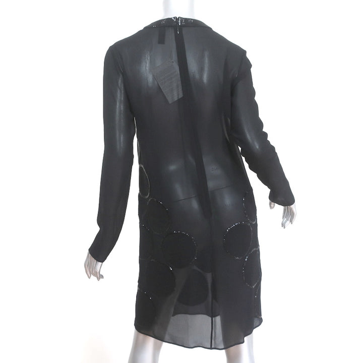 La Perla Circle Sequin Dress Black Silk Chiffon Size US 4 Long Sleeve Shift NEW