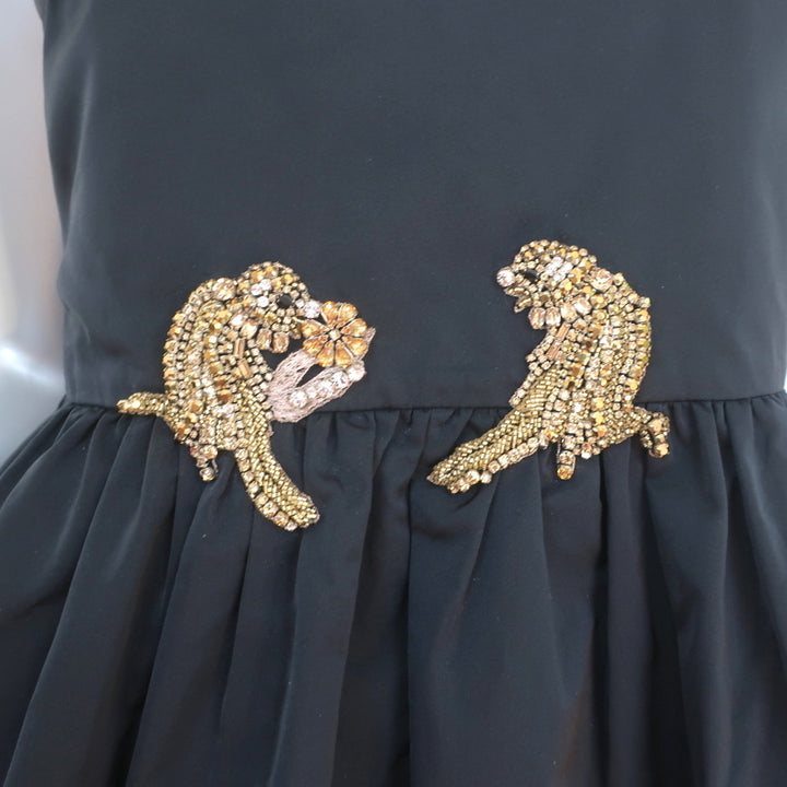 No. 21 Beaded Bird Dress Black Taffeta Size 40 Sleeveless Fit &amp; Flare