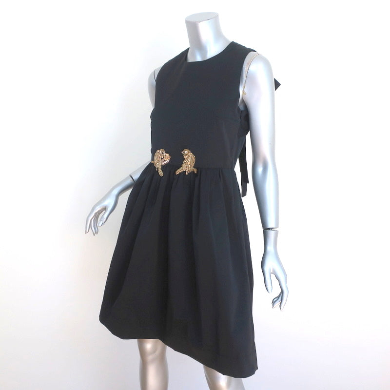 No. 21 Beaded Bird Dress Black Taffeta Size 40 Sleeveless Fit &amp; Flare