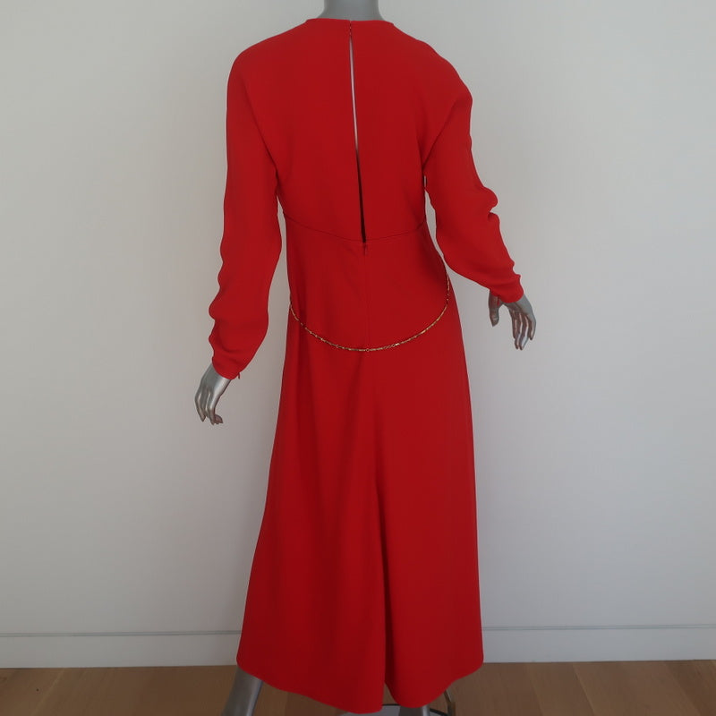 Victoria Beckham Chain-Embellished Dress Red Crepe Size US 8 Long Sleeve Midi