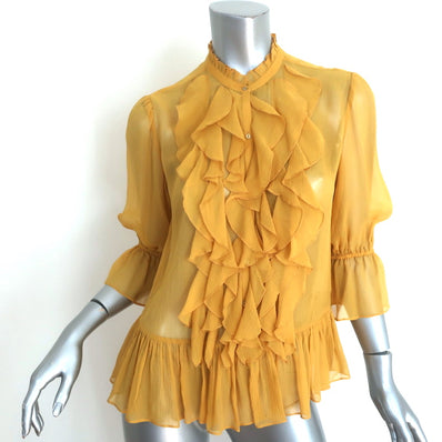 Ulla Johnson Ruffle Blouse Cassan Mustard Chiffon Size 2 Bell Sleeve Top