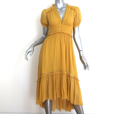 Ulla Johnson Midi Dress Sonja Honey Ruffled Chiffon Size 2 Short Sleeve V-Neck