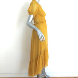 Ulla Johnson Midi Dress Sonja Honey Ruffled Chiffon Size 2 Short Sleeve V-Neck