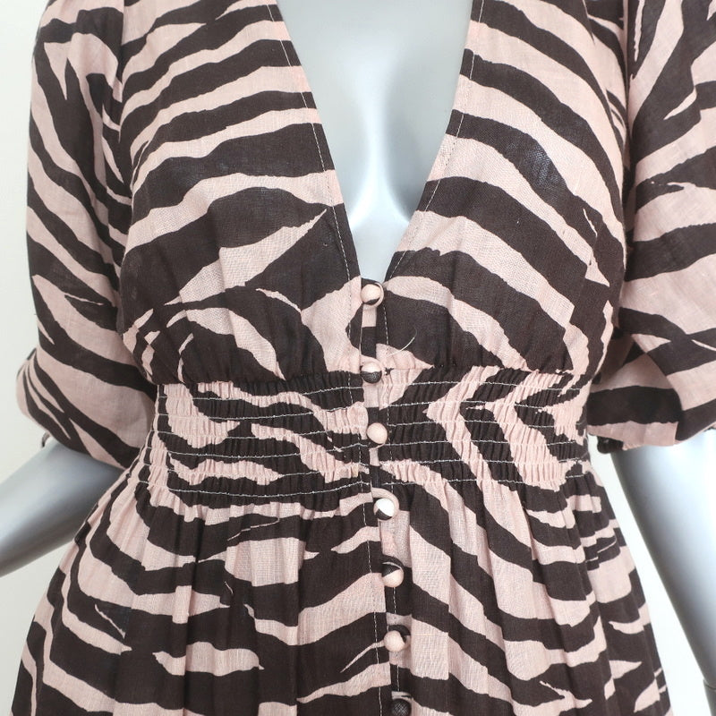Zimmermann Puff Sleeve Midi Dress Juniper Brown Zebra Print Linen Size 0