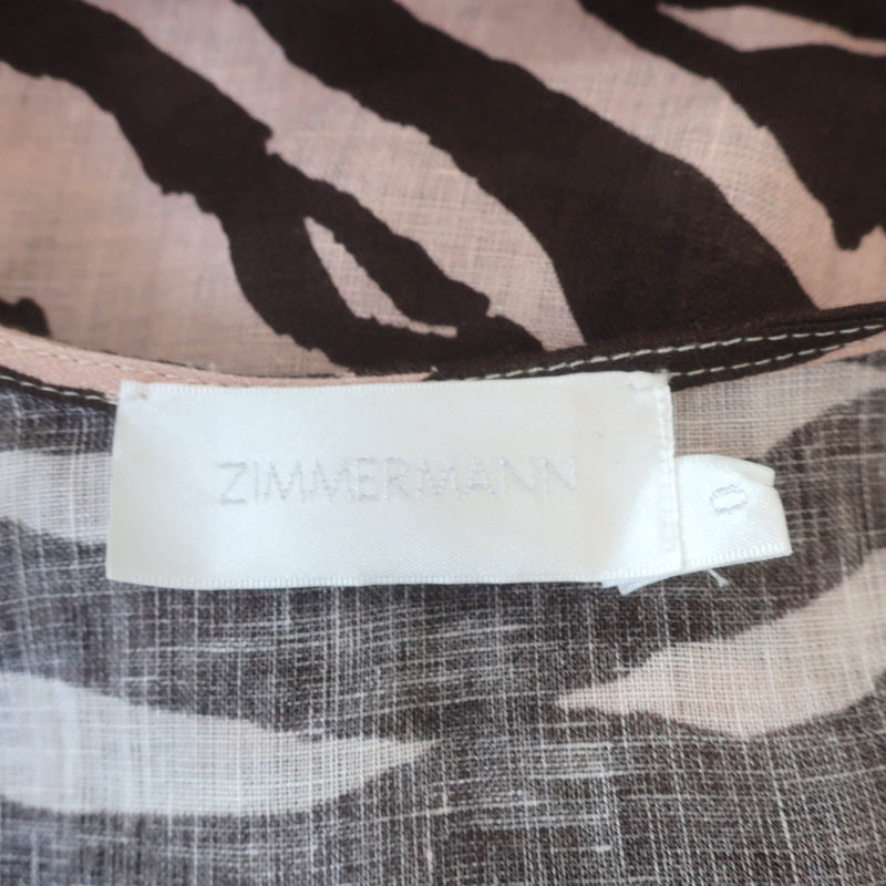 Zimmermann Puff Sleeve Midi Dress Juniper Brown Zebra Print Linen Size 0