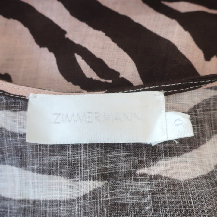 Zimmermann Puff Sleeve Midi Dress Juniper Brown Zebra Print Linen Size 0