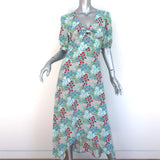 Intermix High-Low Midi Dress Nessa Blue Floral Print Silk Size 8 Short Sleeve