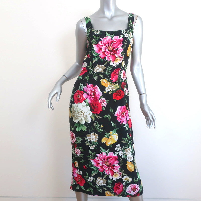Dolce &amp; Gabbana Sleeveless Midi Dress Black Floral Print Crepe Size 42