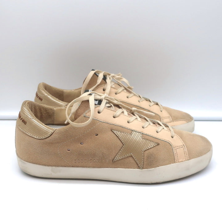Golden Goose Superstar Sneakers Nude Suede &amp; Gold Metallic Leather Size 37