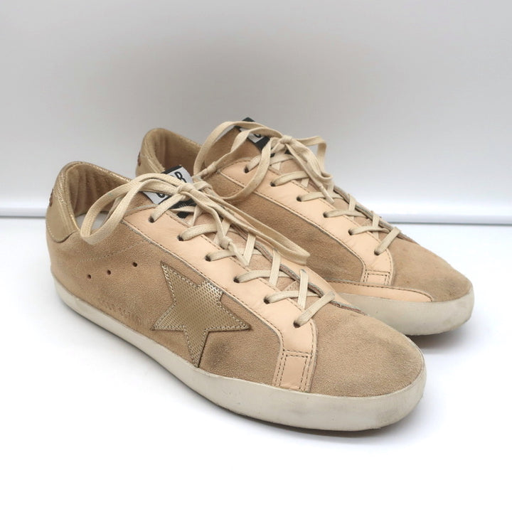 Golden Goose Superstar Sneakers Nude Suede &amp; Gold Metallic Leather Size 37