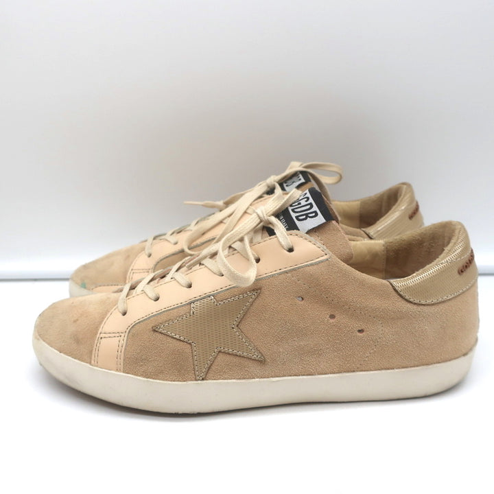 Golden Goose Superstar Sneakers Nude Suede &amp; Gold Metallic Leather Size 37