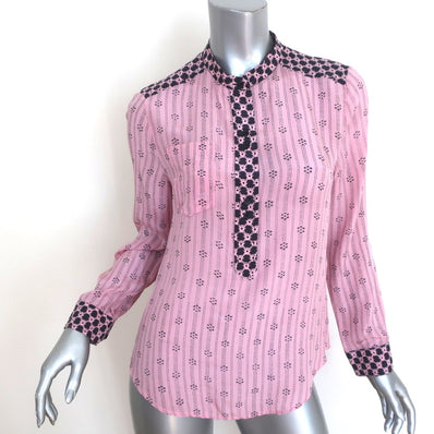 Isabel Marant Contrast-Trim Top Pink Striped Silk Size 40 Long Sleeve Blouse