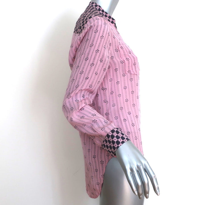 Isabel Marant Contrast-Trim Top Pink Striped Silk Size 40 Long Sleeve Blouse