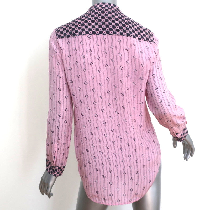 Isabel Marant Contrast-Trim Top Pink Striped Silk Size 40 Long Sleeve Blouse
