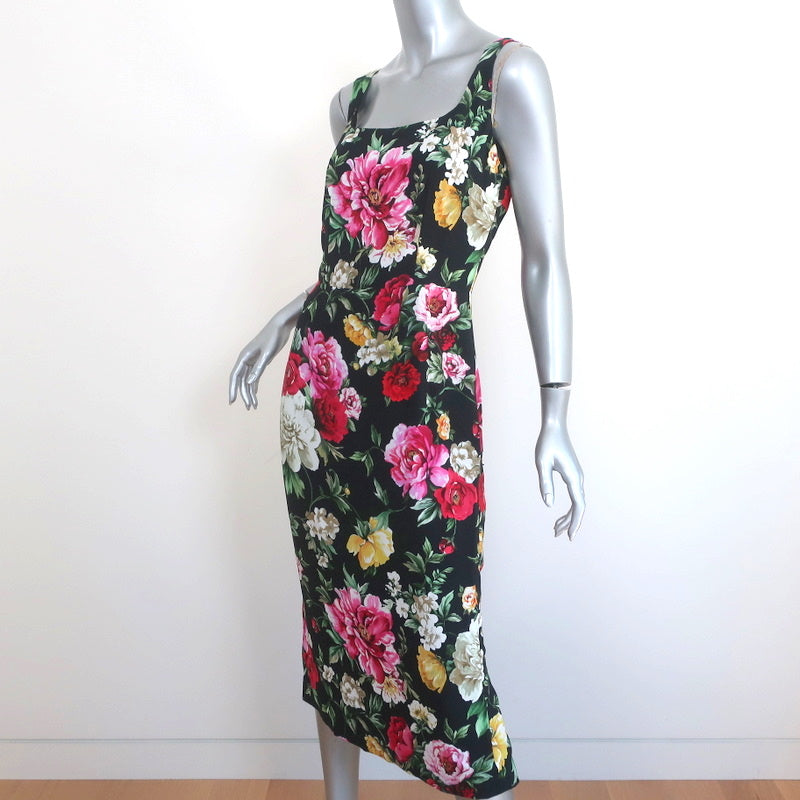 Dolce &amp; Gabbana Sleeveless Midi Dress Black Floral Print Crepe Size 42
