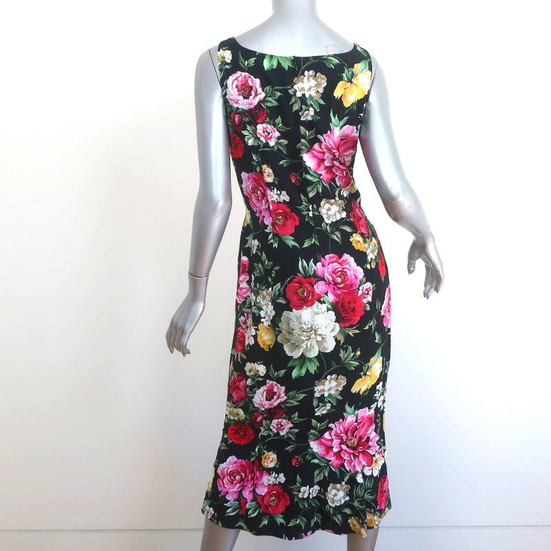 Dolce &amp; Gabbana Sleeveless Midi Dress Black Floral Print Crepe Size 42